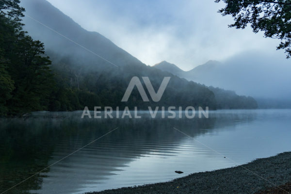 South Island lake fog - Aerial Vision Stock Imagery